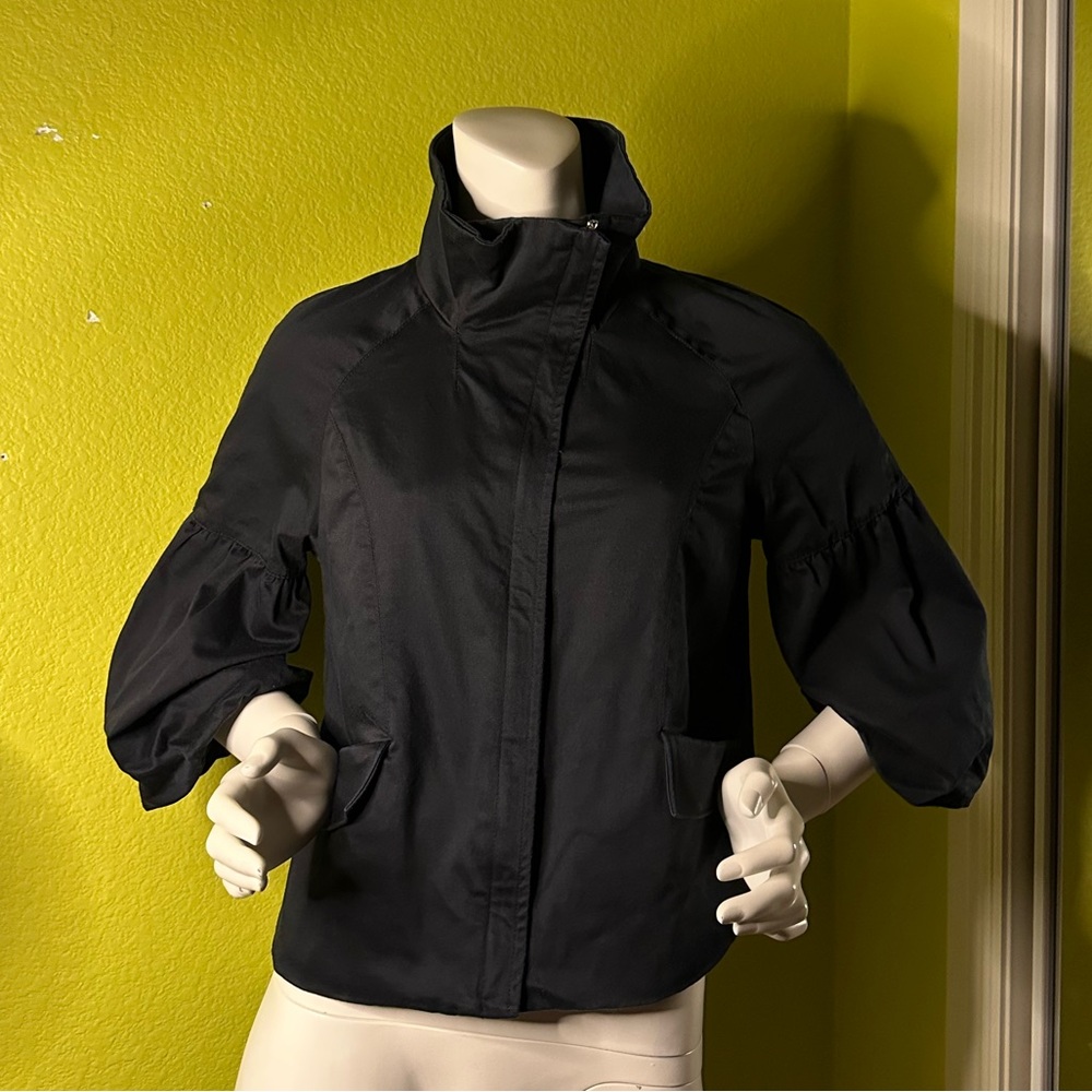 Elle Black High-neck Zip-up Jacket with Puffy Sleeves